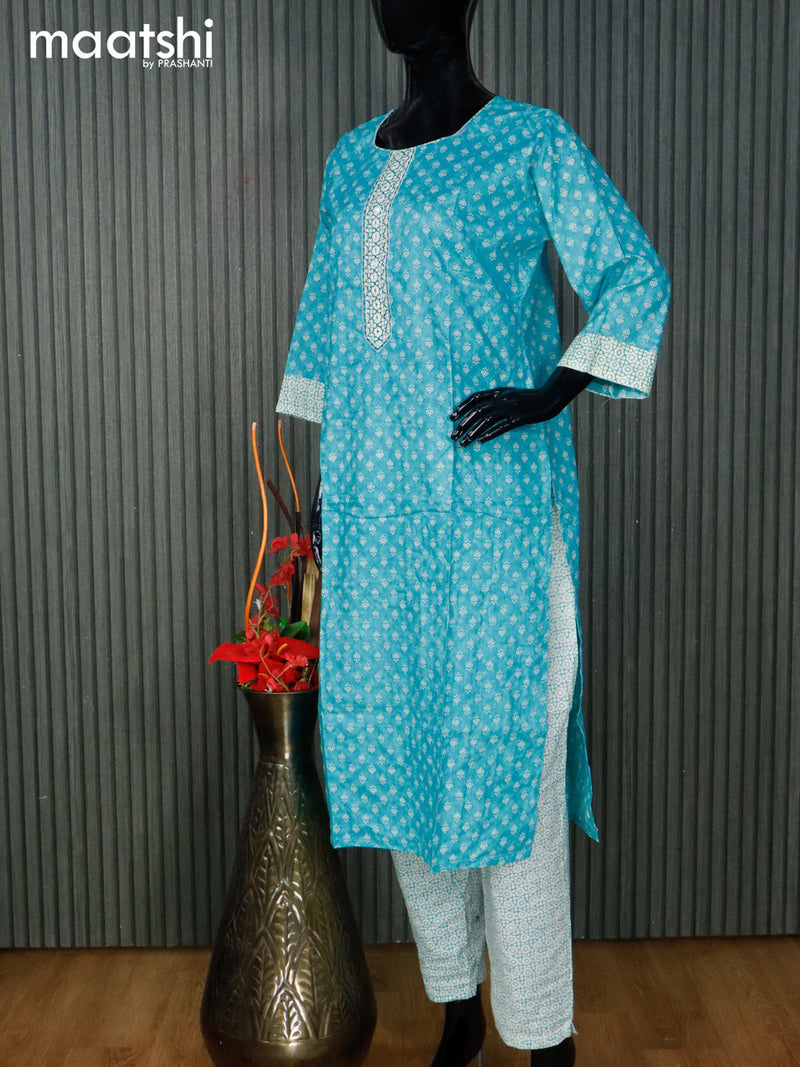 Cotton readymade kurti set light blue and cream with allover butta prints & embroidery work neck pattern and straight cut pant