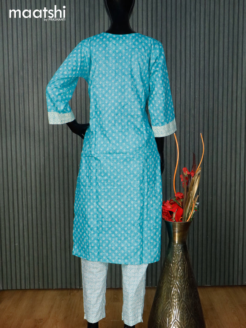 Cotton readymade kurti set light blue and cream with allover butta prints & embroidery work neck pattern and straight cut pant