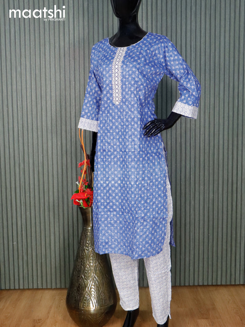 Cotton readymade kurti set blue and cream with allover butta prints & embroidery work neck pattern and straight cut pant
