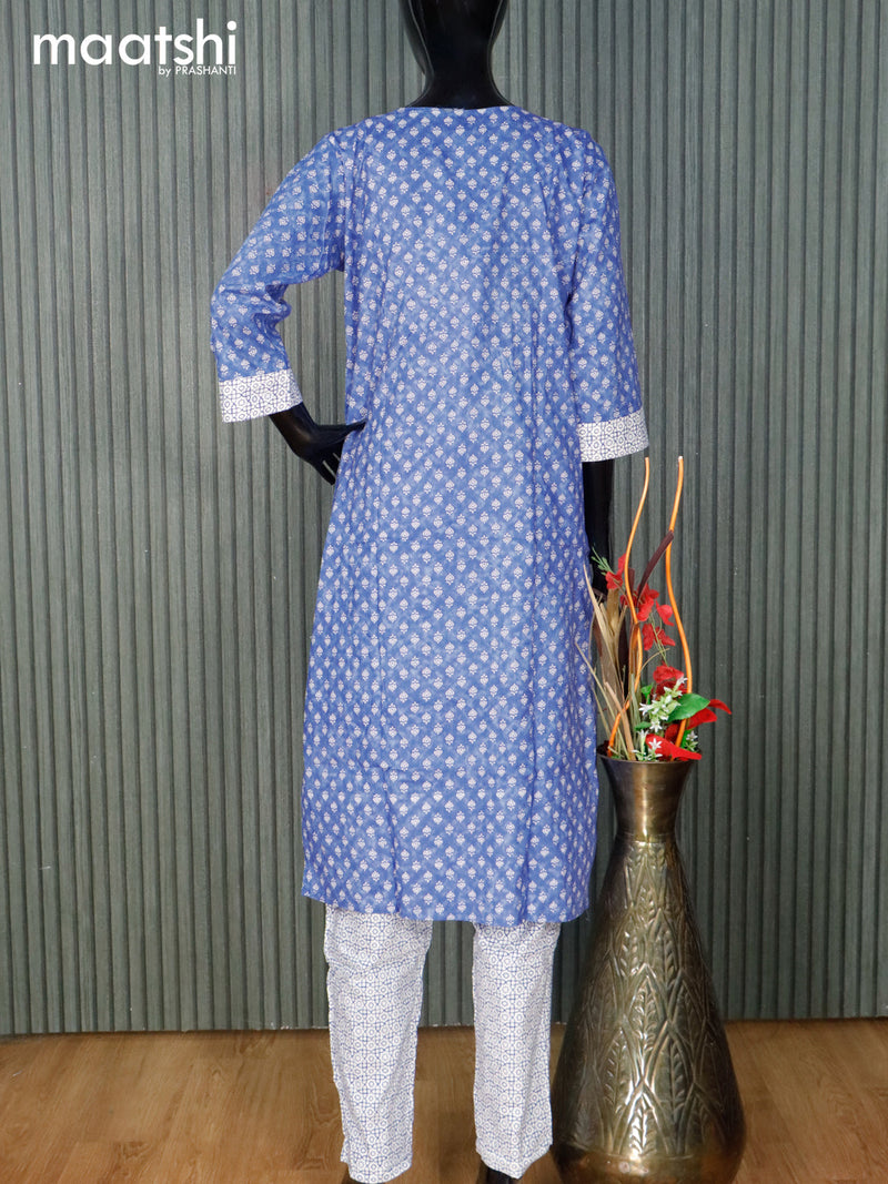Cotton readymade kurti set blue and cream with allover butta prints & embroidery work neck pattern and straight cut pant