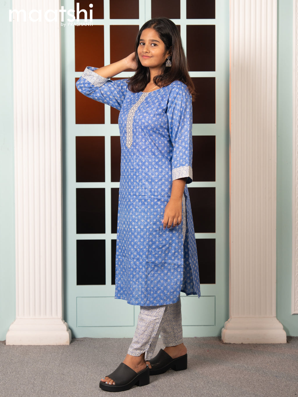 Cotton readymade kurti set blue and cream with allover butta prints & embroidery work neck pattern and straight cut pant