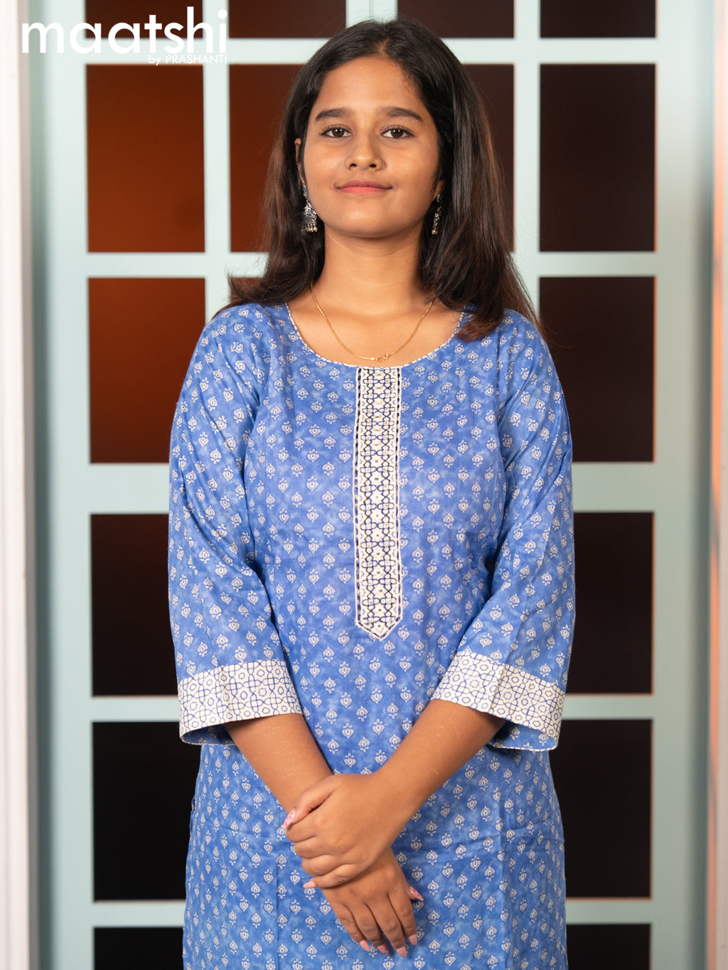 Cotton readymade kurti set blue and cream with allover butta prints & embroidery work neck pattern and straight cut pant