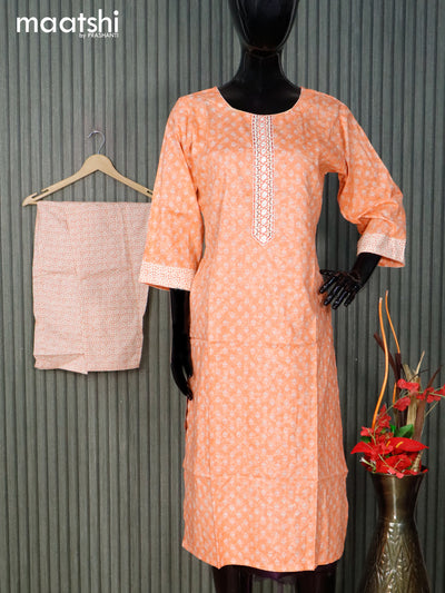 Cotton readymade kurti set orange and cream with allover butta prints & embroidery work neck pattern and straight cut pant