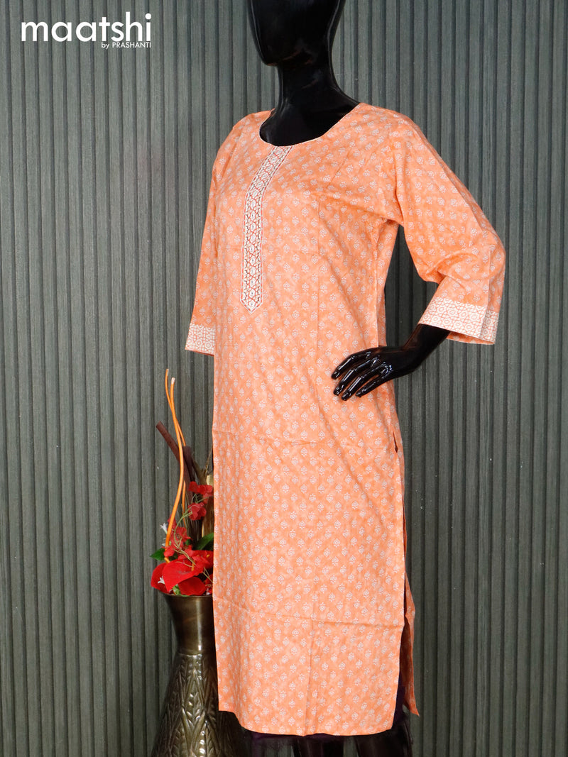 Cotton readymade kurti set orange and cream with allover butta prints & embroidery work neck pattern and straight cut pant