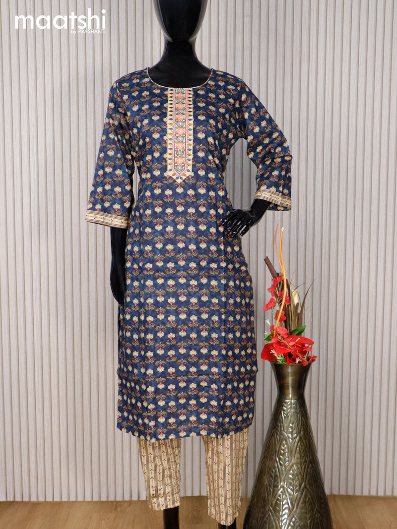 Cotton readymade kurti set blue and sandal with allover floral butta prints & embroidery work neck pattern and straight cut pant