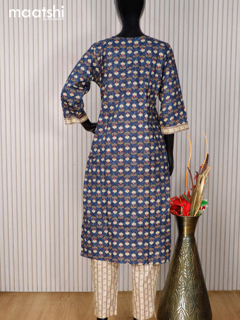 Cotton readymade kurti set blue and sandal with allover floral butta prints & embroidery work neck pattern and straight cut pant
