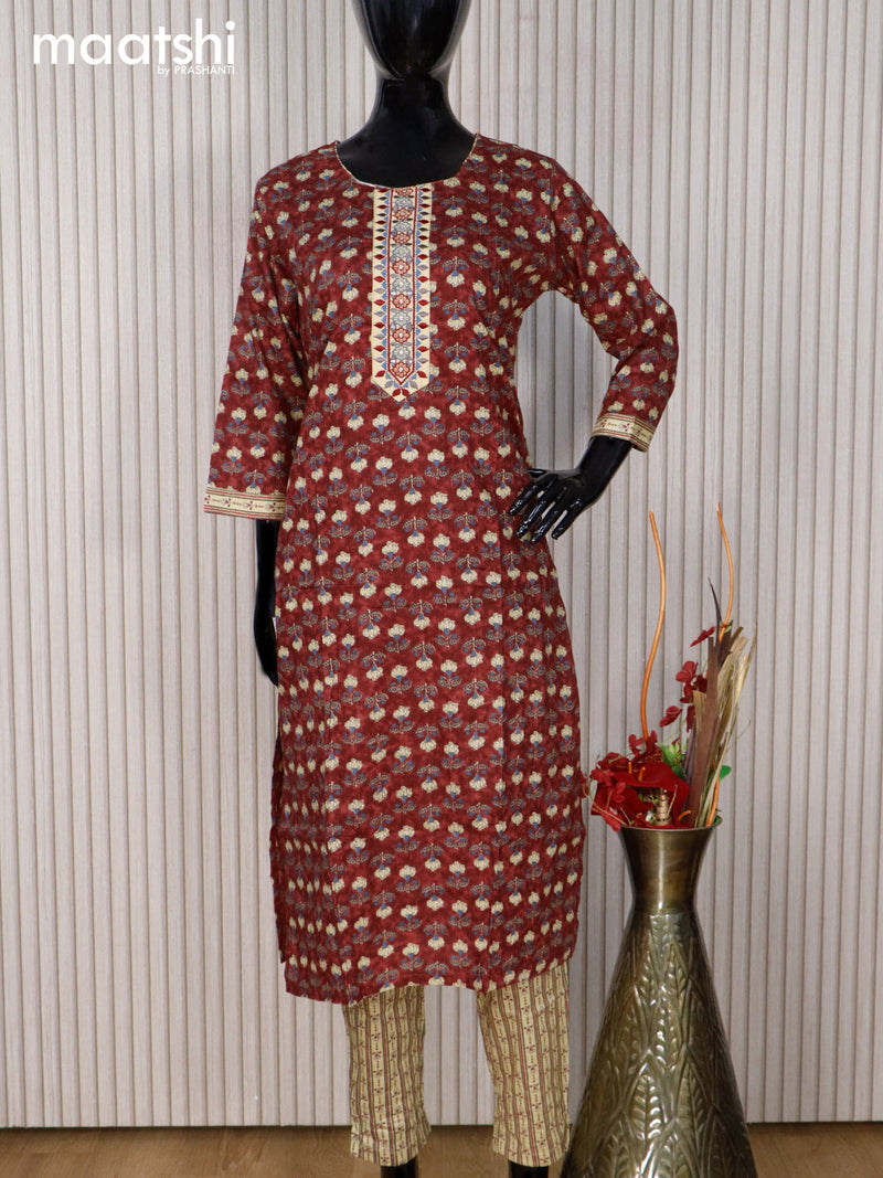 Cotton readymade kurti set maroon and sandal with allover floral butta prints & embroidery work neck pattern and straight cut pant