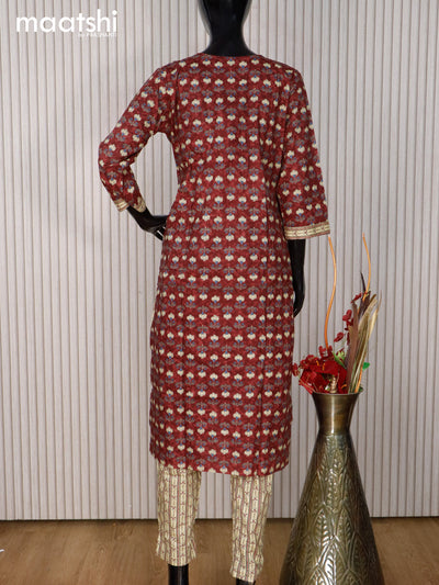 Cotton readymade kurti set maroon and sandal with allover floral butta prints & embroidery work neck pattern and straight cut pant