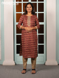 Cotton readymade kurti set maroon and sandal with allover floral butta prints & embroidery work neck pattern and straight cut pant