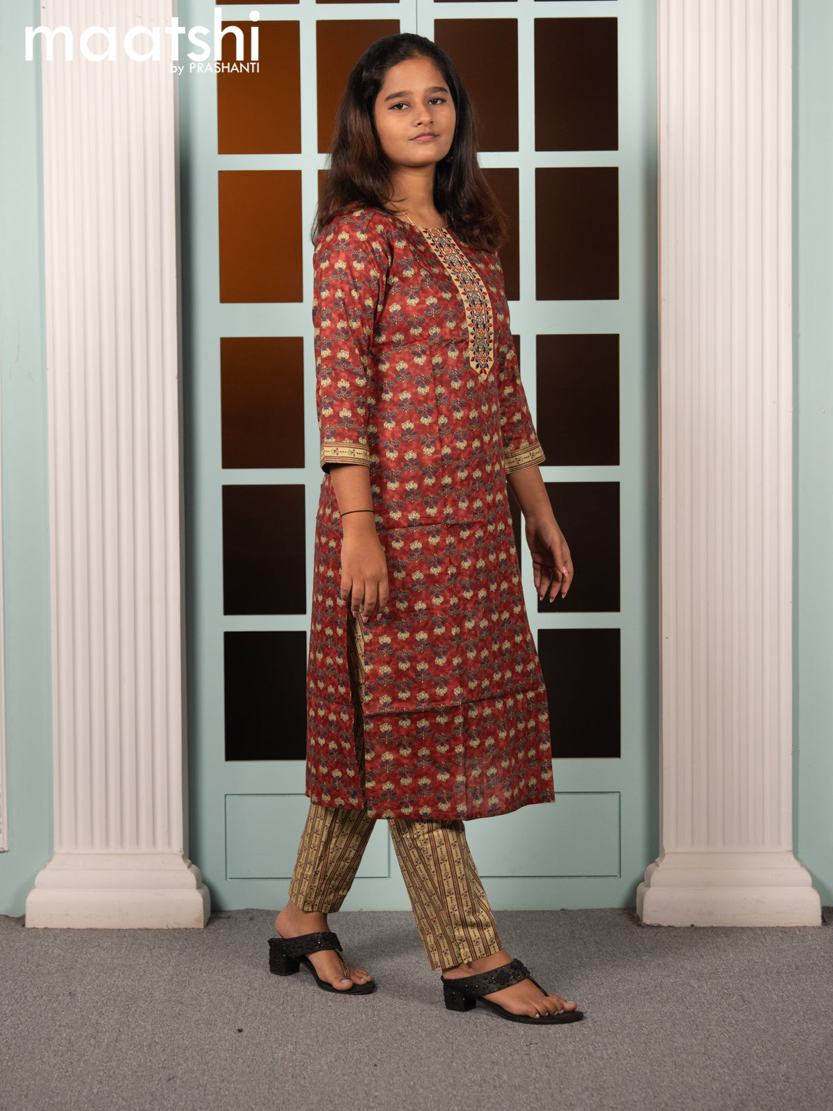 Cotton readymade kurti set maroon and sandal with allover floral butta prints & embroidery work neck pattern and straight cut pant
