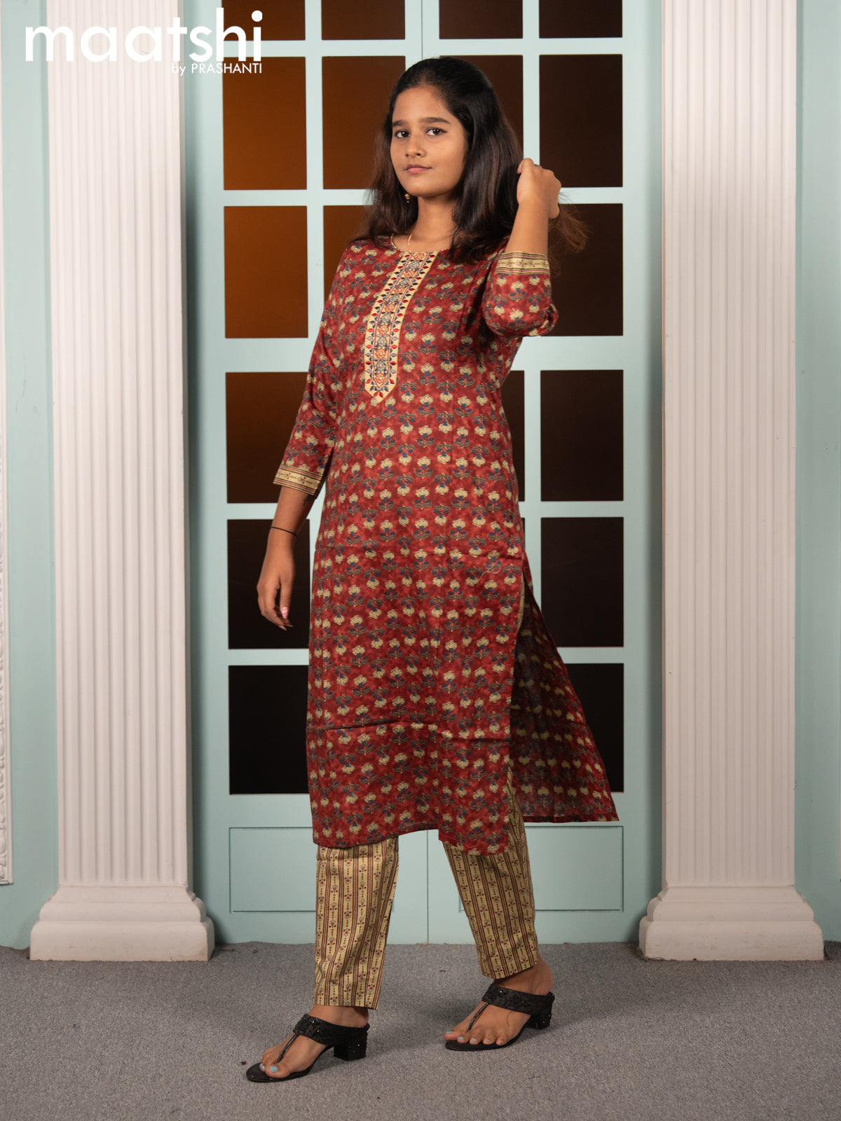 Cotton readymade kurti set maroon and sandal with allover floral butta prints & embroidery work neck pattern and straight cut pant