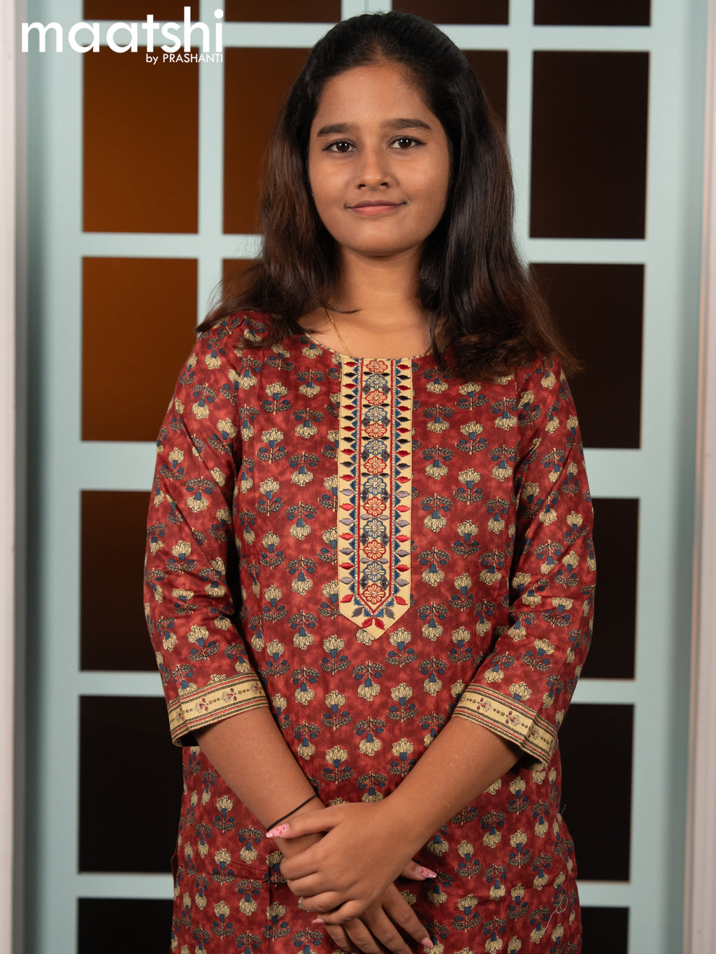Cotton readymade kurti set maroon and sandal with allover floral butta prints & embroidery work neck pattern and straight cut pant