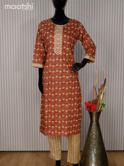 Cotton readymade kurti set rust shade and sandal with allover floral butta prints & embroidery work neck pattern and straight cut pant
