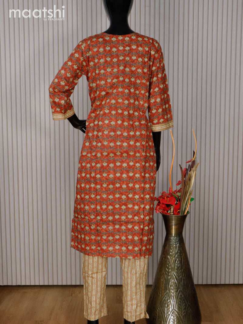 Cotton readymade kurti set rust shade and sandal with allover floral butta prints & embroidery work neck pattern and straight cut pant