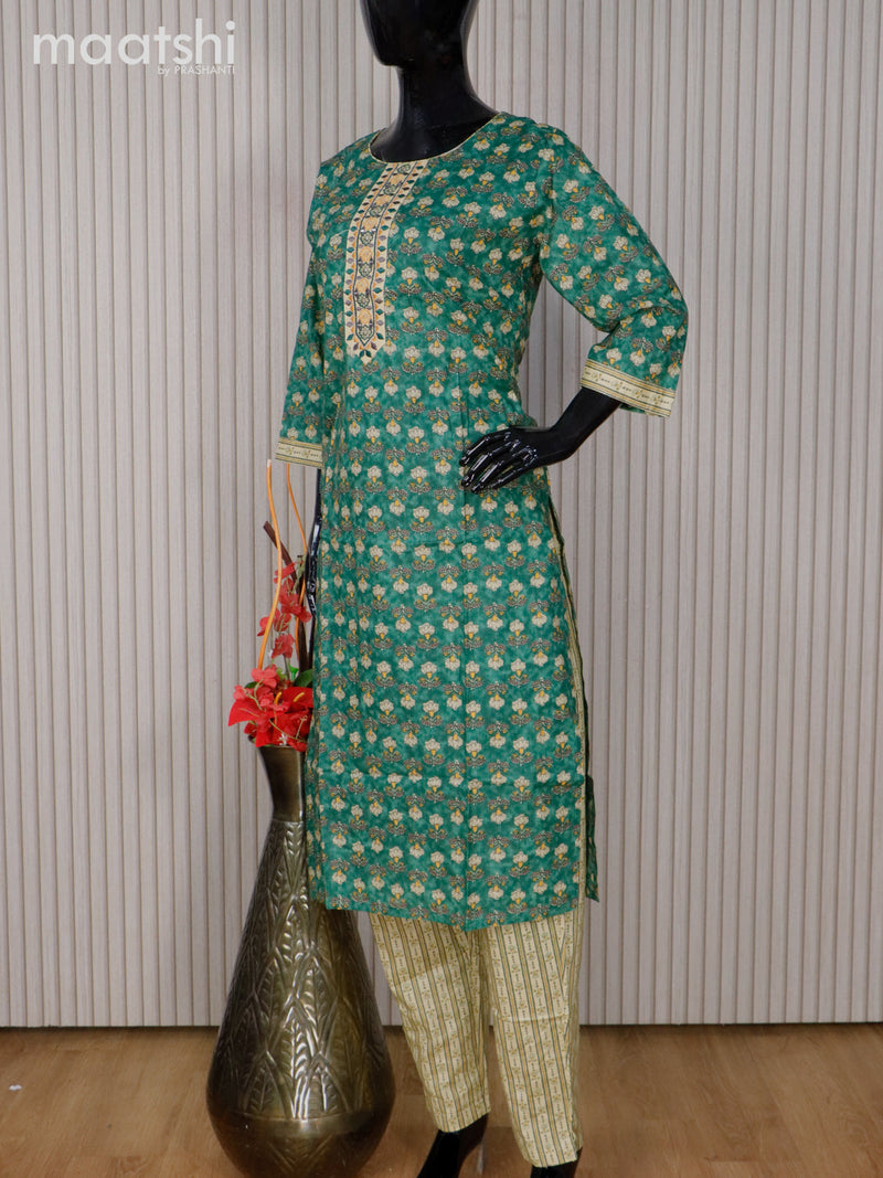 Cotton readymade kurti set green and sandal with allover floral butta prints & embroidery work neck pattern and straight cut pant