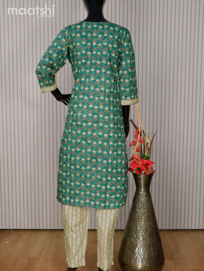 Cotton readymade kurti set green and sandal with allover floral butta prints & embroidery work neck pattern and straight cut pant