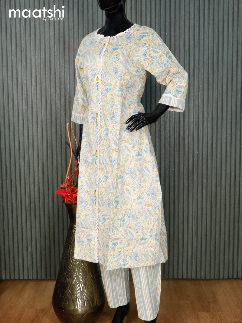 Cotton readymade kurti set cream and yellow shade with allover paisley prints & lace work neck pattern and straight cut pant