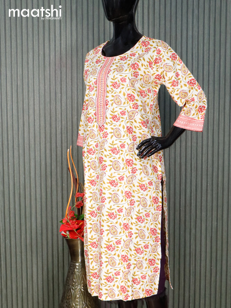 Cotton readymade kurti set cream and pink with allover prints & embroidery neck pattern and straight cut pant