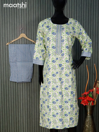 Cotton readymade kurti set cream and blue with allover prints & embroidery neck pattern and straight cut pant