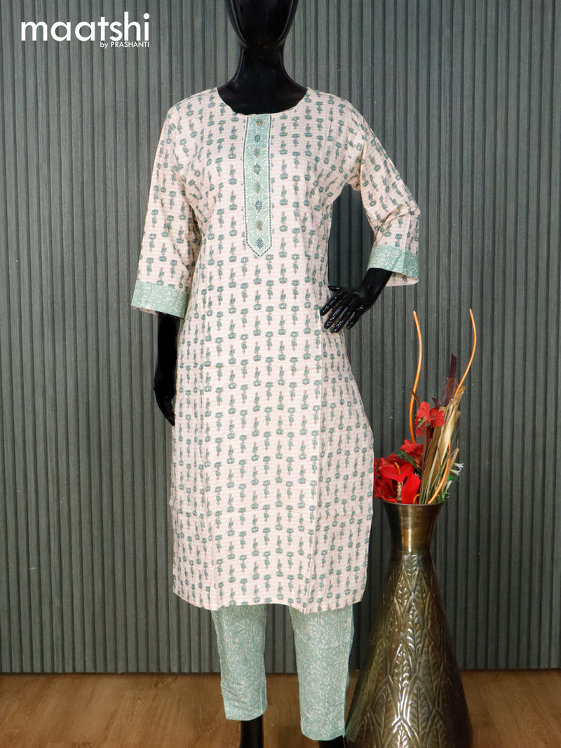 Cotton readymade kurti set cream and pastel green with floral butta prints & embroidery work neck pattern and straight cut pant