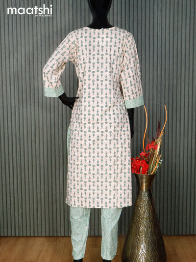 Cotton readymade kurti set cream and pastel green with floral butta prints & embroidery work neck pattern and straight cut pant