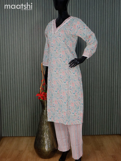 Cotton readymade kurti set off white and blue pink with allover paisley prints & v neck pattern and straight cut pant
