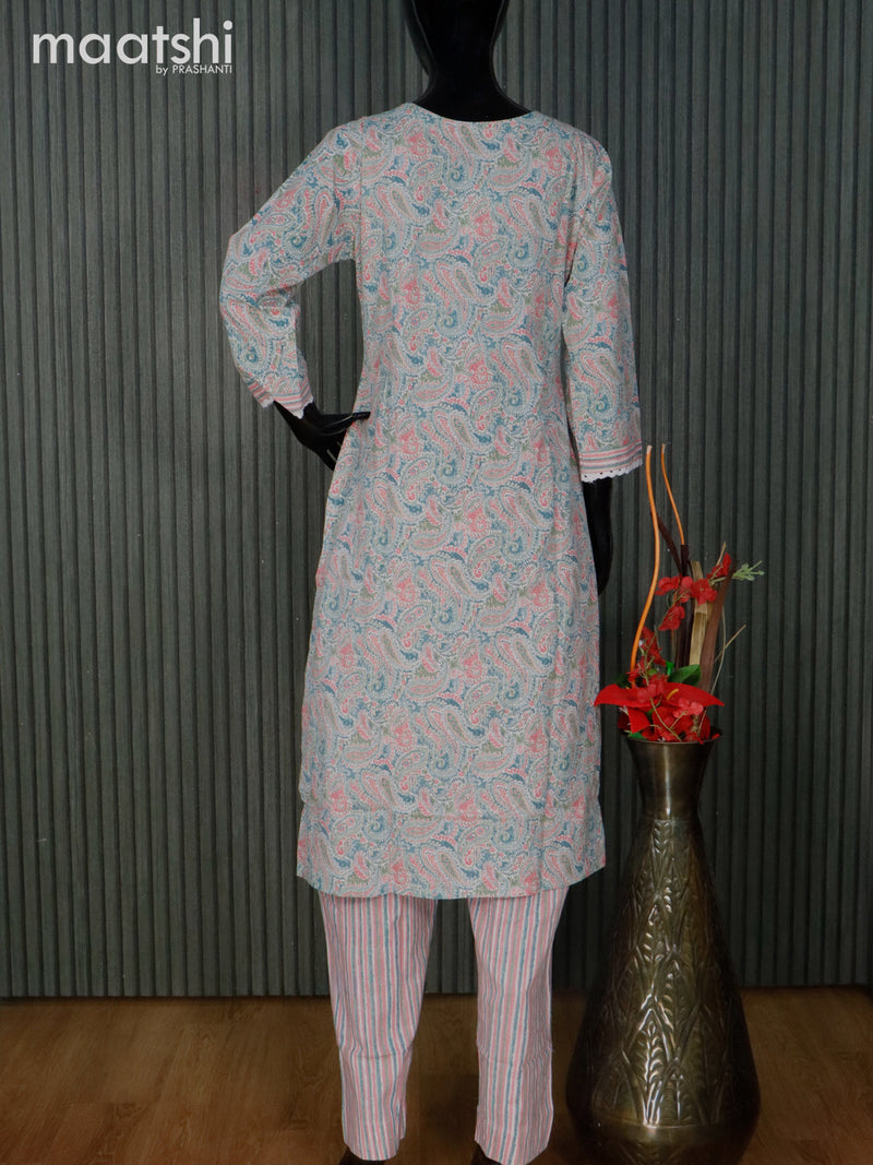 Cotton readymade kurti set off white and blue pink with allover paisley prints & v neck pattern and straight cut pant