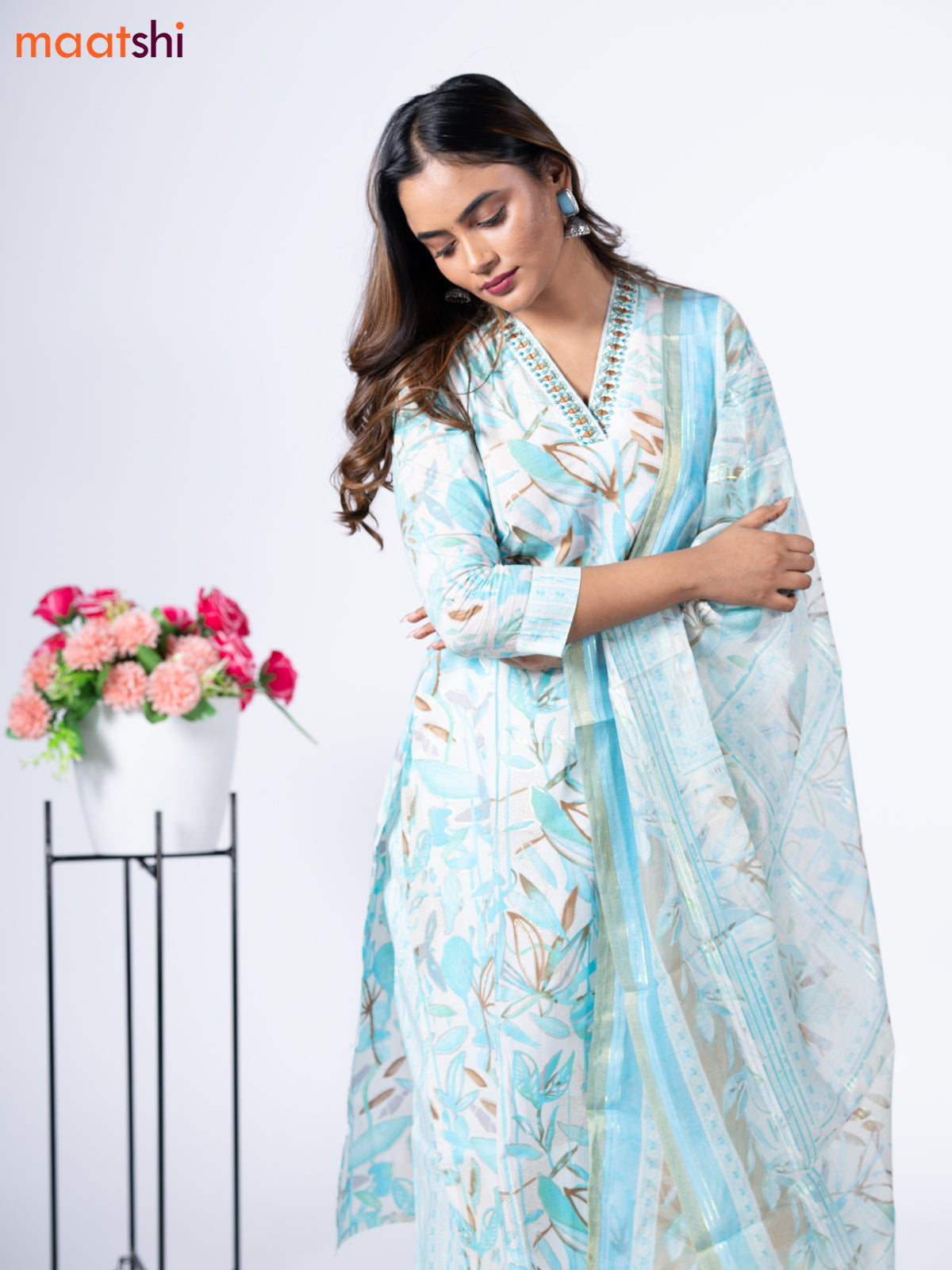 Cotton readymade salwar suit off white and light blue with allover prints & embroidery mirror work v neck pattern and straight cut pant & dupatta