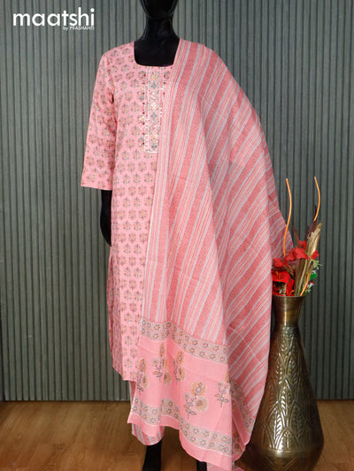 Cotton readymade salwar suit pastel pink with floral butta prints & mirror embroidery work neck pattern and straight cut pant & dupatta