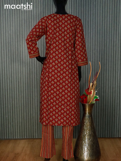 Cotton readymade salwar suit maroon with floral butta prints & embroidery work neck pattern and straight cut pant & dupatta