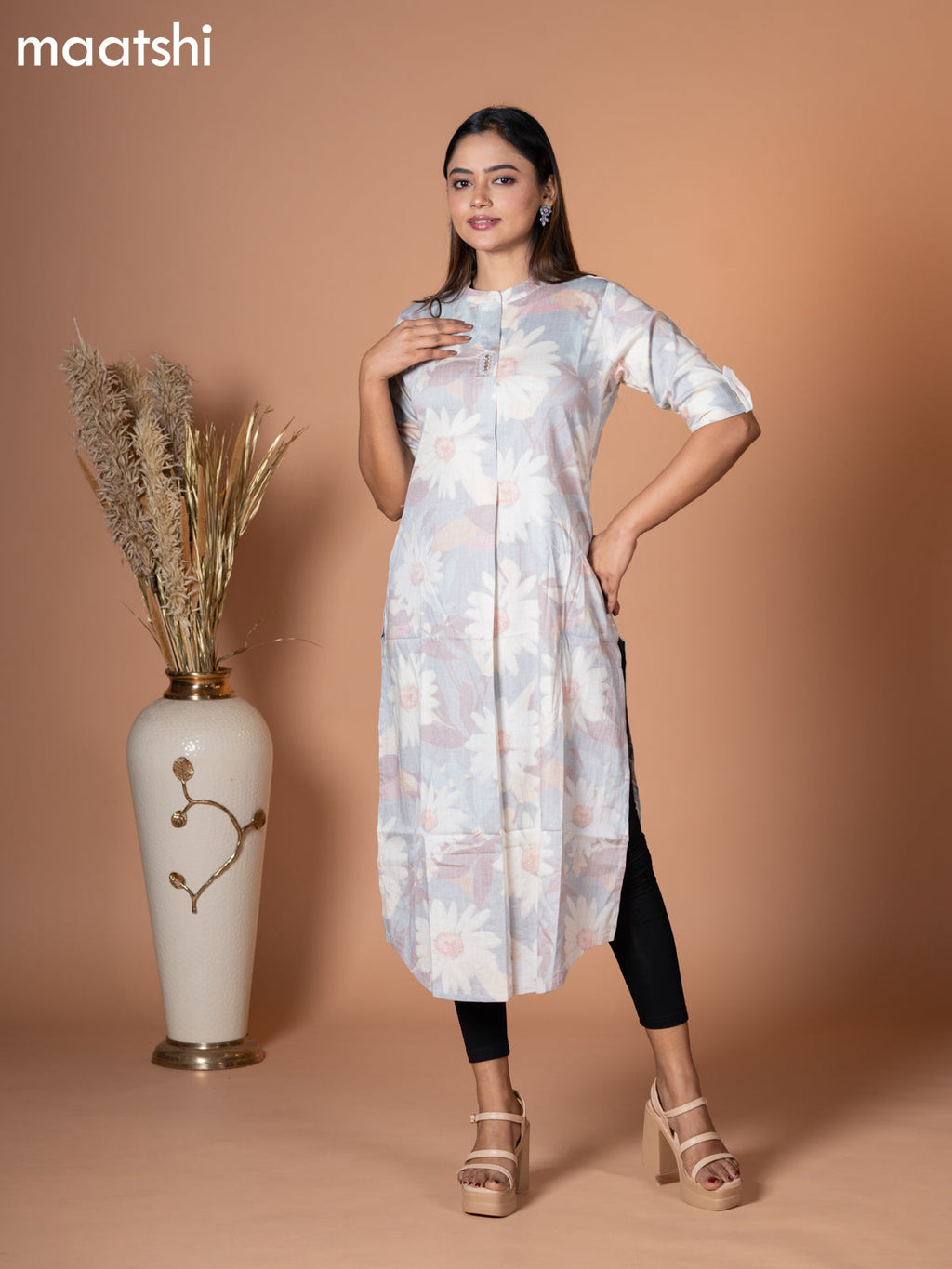 Rayon kurti pastel grey with allover floral prints & simple neck pattern without pant