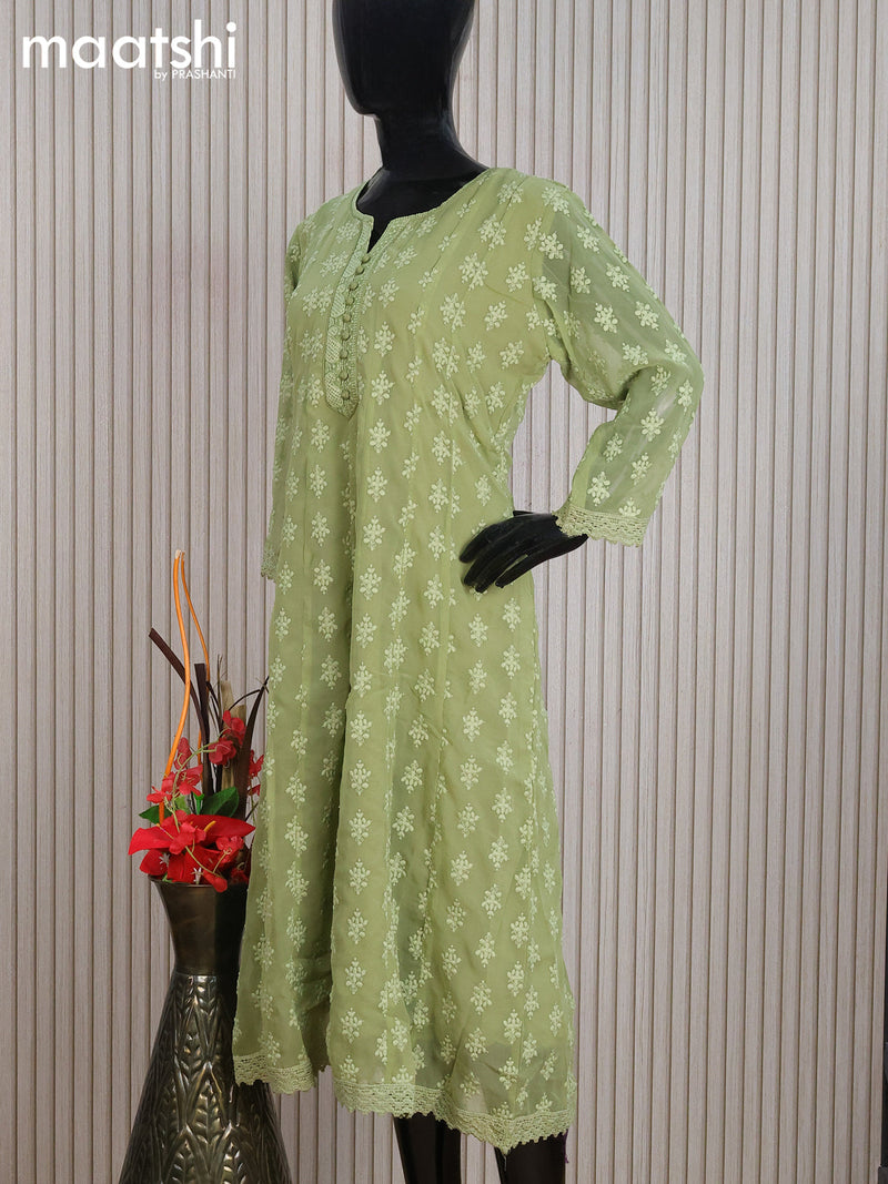 Georgette readymade anarkali kurti sap green with allover chikankari work without pant