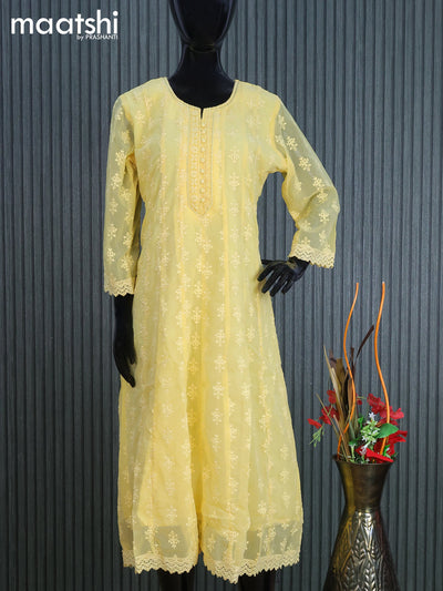 Georgette readymade anarkali kurti yellow with allover chikankari work without pant