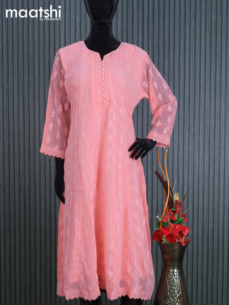 Georgette readymade anarkali kurti peach pink with allover chikankari work without pant