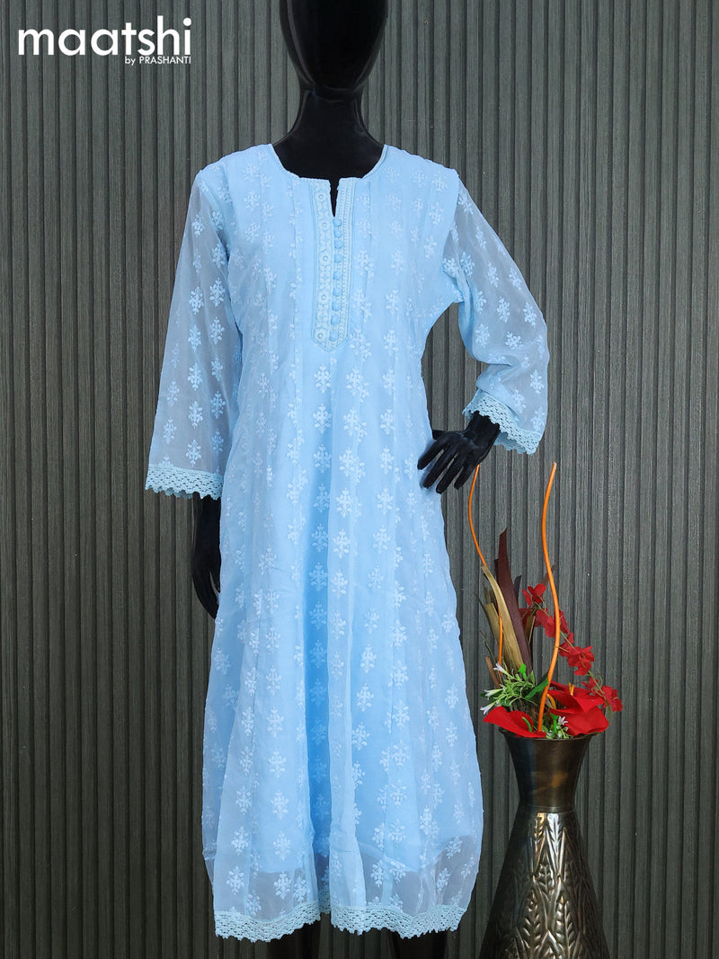 Georgette readymade anarkali kurti light blue with allover chikankari work without pant