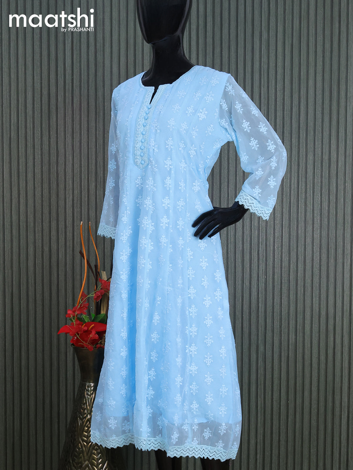 Georgette readymade anarkali kurti light blue with allover chikankari work without pant