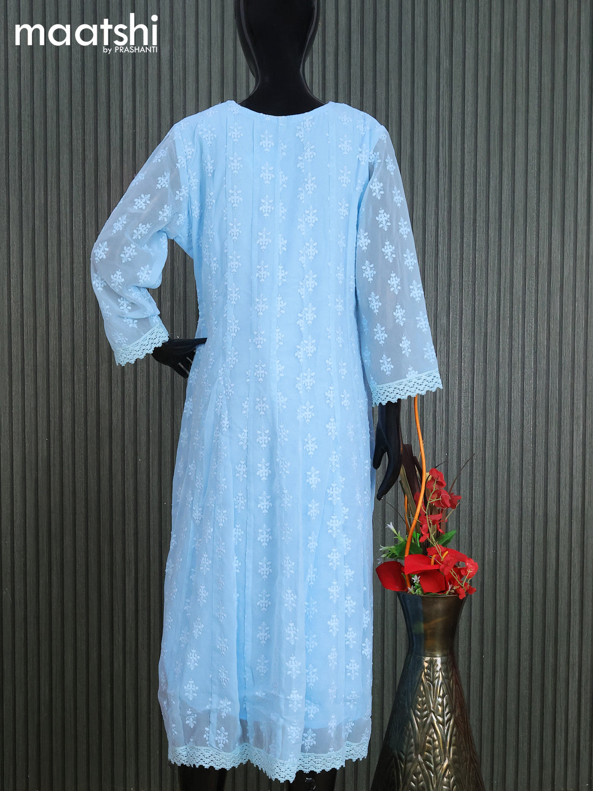 Georgette readymade anarkali kurti light blue with allover chikankari work without pant