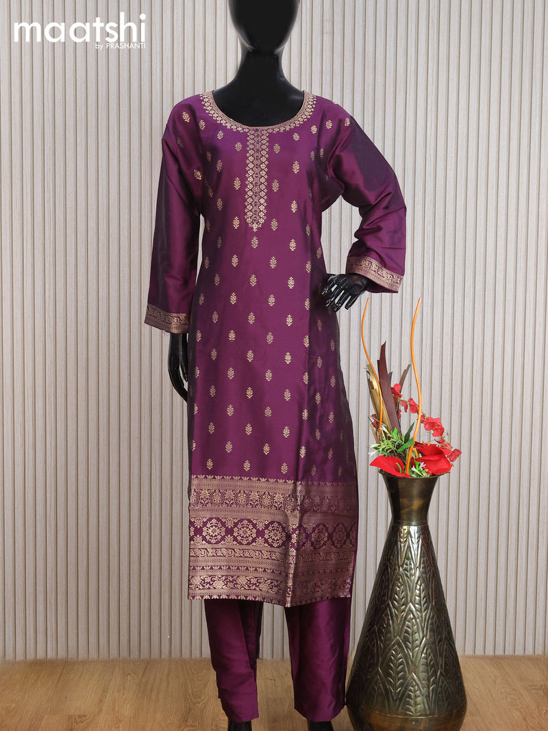 Silk readymade party wear salwar suit deep purple with allover zari buttas & stone work neck pattern and straight cut pant & dupatta
