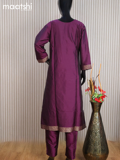 Silk readymade party wear salwar suit deep purple with allover zari buttas & stone work neck pattern and straight cut pant & dupatta