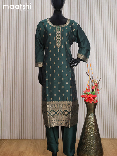 Silk readymade party wear salwar suit dark green with allover zari buttas & stone work neck pattern and straight cut pant & chiffon dupatta