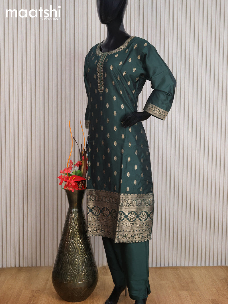 Silk readymade party wear salwar suit dark green with allover zari buttas & stone work neck pattern and straight cut pant & chiffon dupatta