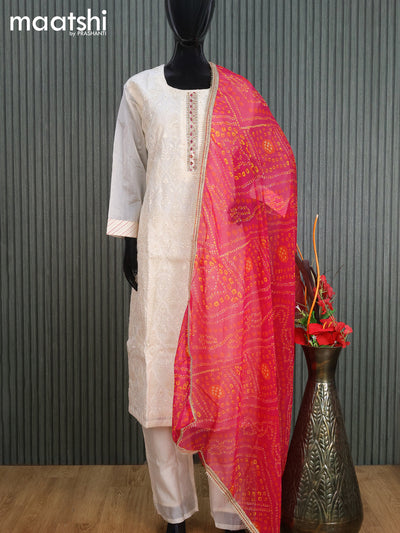 Raw silk readymade party wear salwar suit off white and pink with allover embroidery & sequin work and straight cut pant & chiffon dupatta