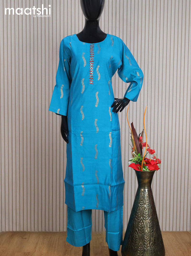 Muslin readymade party wear salwar suit blue shade with zari woven buttas & mirror work neck pattern and straight cut pant & dupatta