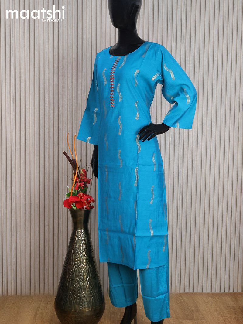 Muslin readymade party wear salwar suit blue shade with zari woven buttas & mirror work neck pattern and straight cut pant & dupatta