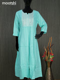 Cotton readymade umbrella kurti teal blue with silver stripe weaves & embroidery mirror work neck pattern without pant
