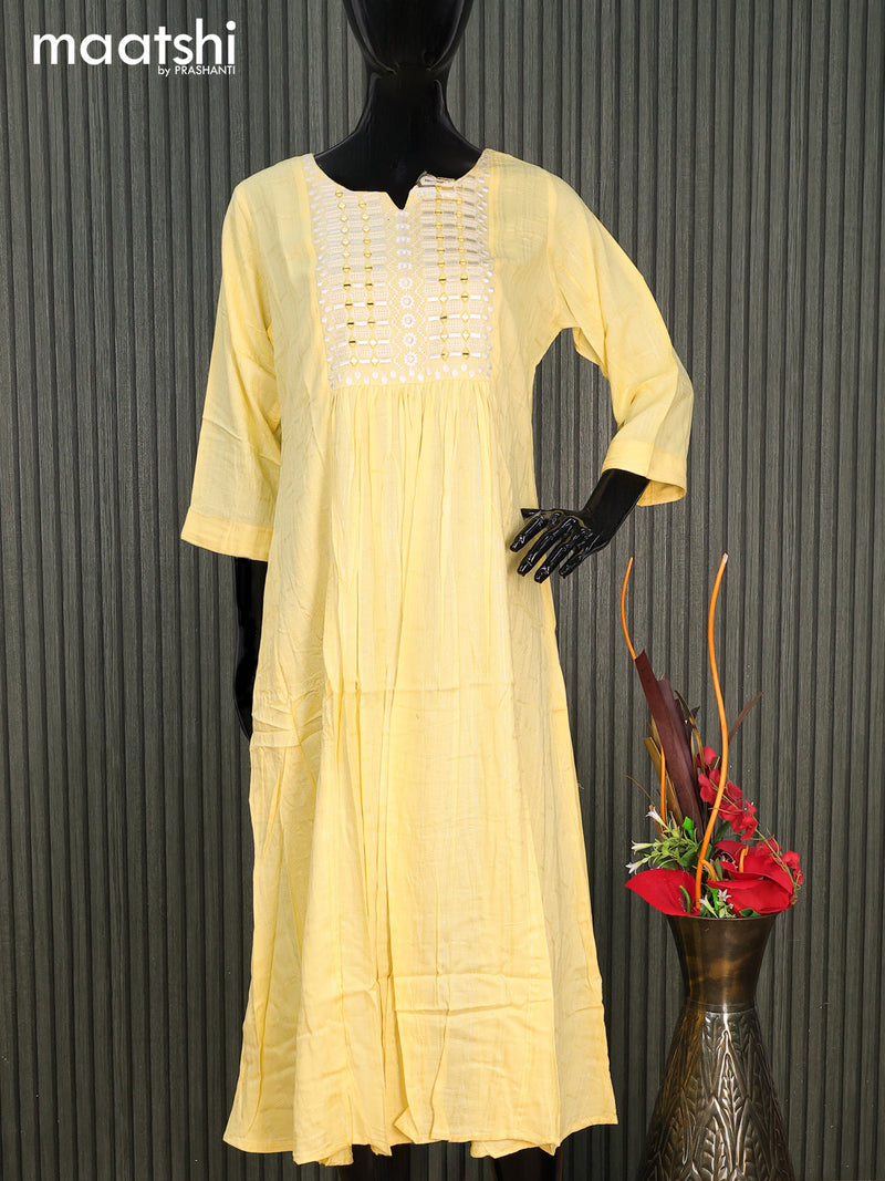 Cotton readymade umbrella kurti yellow with silver stripe weaves & embroidery mirror work neck pattern without pant