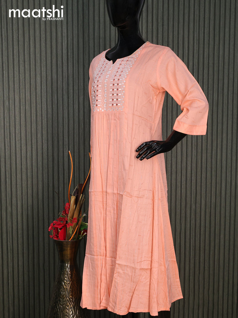 Cotton readymade umbrella kurti peach orange with silver stripe weaves & embroidery mirror work neck pattern without pant