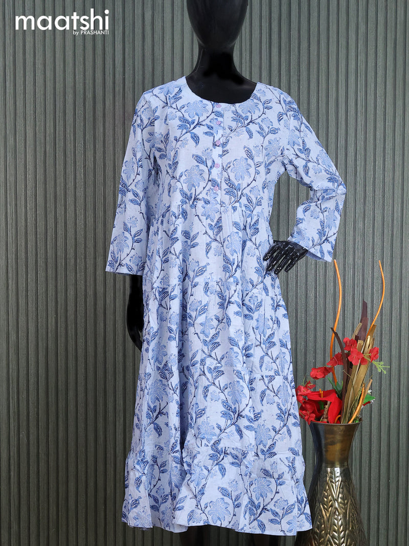 Cotton readymade umbrella kurti pastel blue with allover floral prints & simple neck pattern without pant