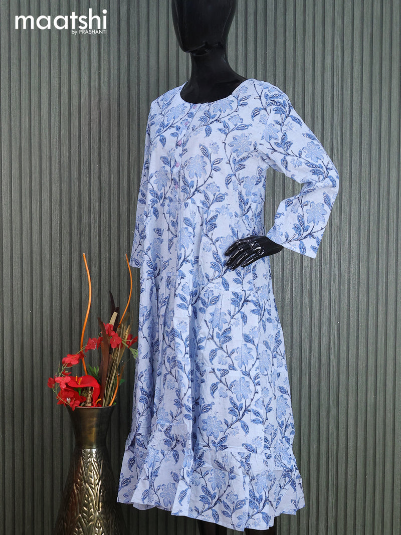 Cotton readymade umbrella kurti pastel blue with allover floral prints & simple neck pattern without pant