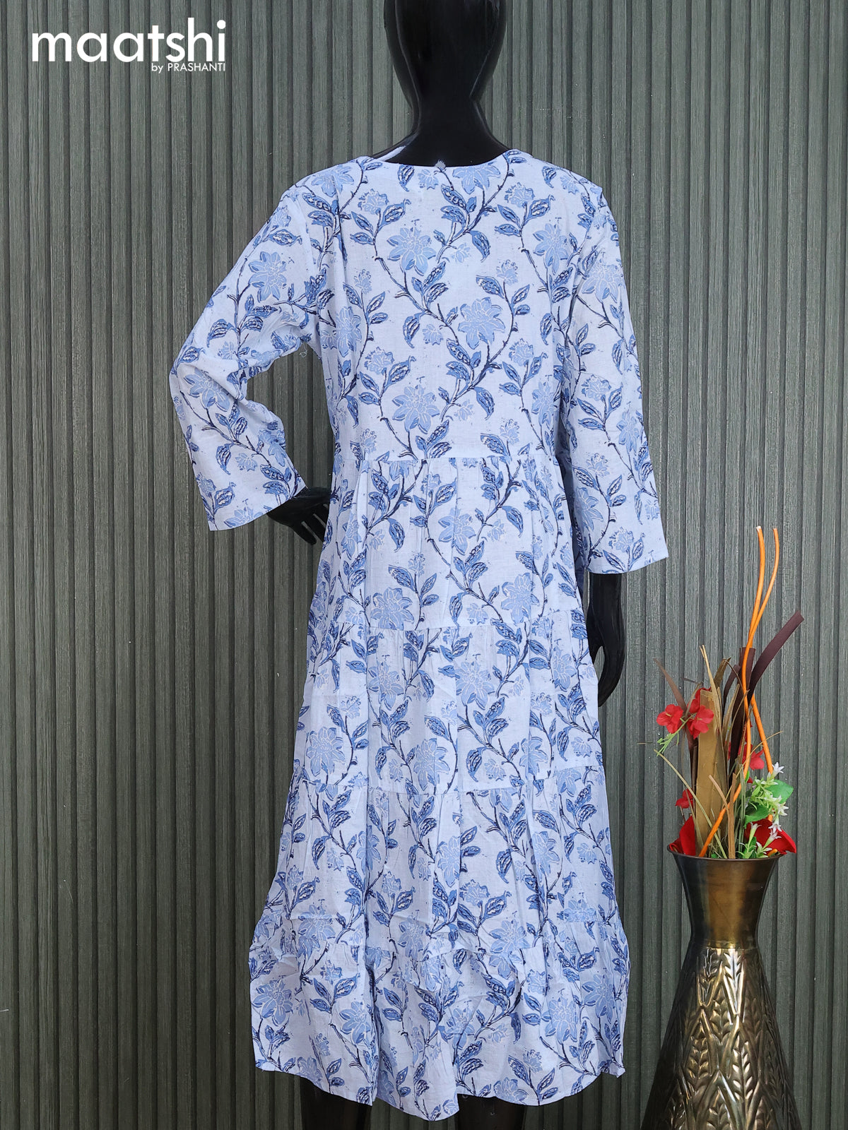 Cotton readymade umbrella kurti pastel blue with allover floral prints & simple neck pattern without pant